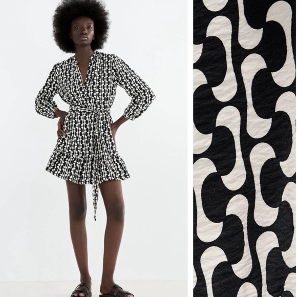 Zara The Paula Dress Black White Graphic Print Mini Ruffle Missing Belt Large - Picture 1 of 10